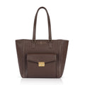 Luis Steven Classic Tote in brown pebble leather with gold hardware and front pocket with lock. Versatile shoulder bag.