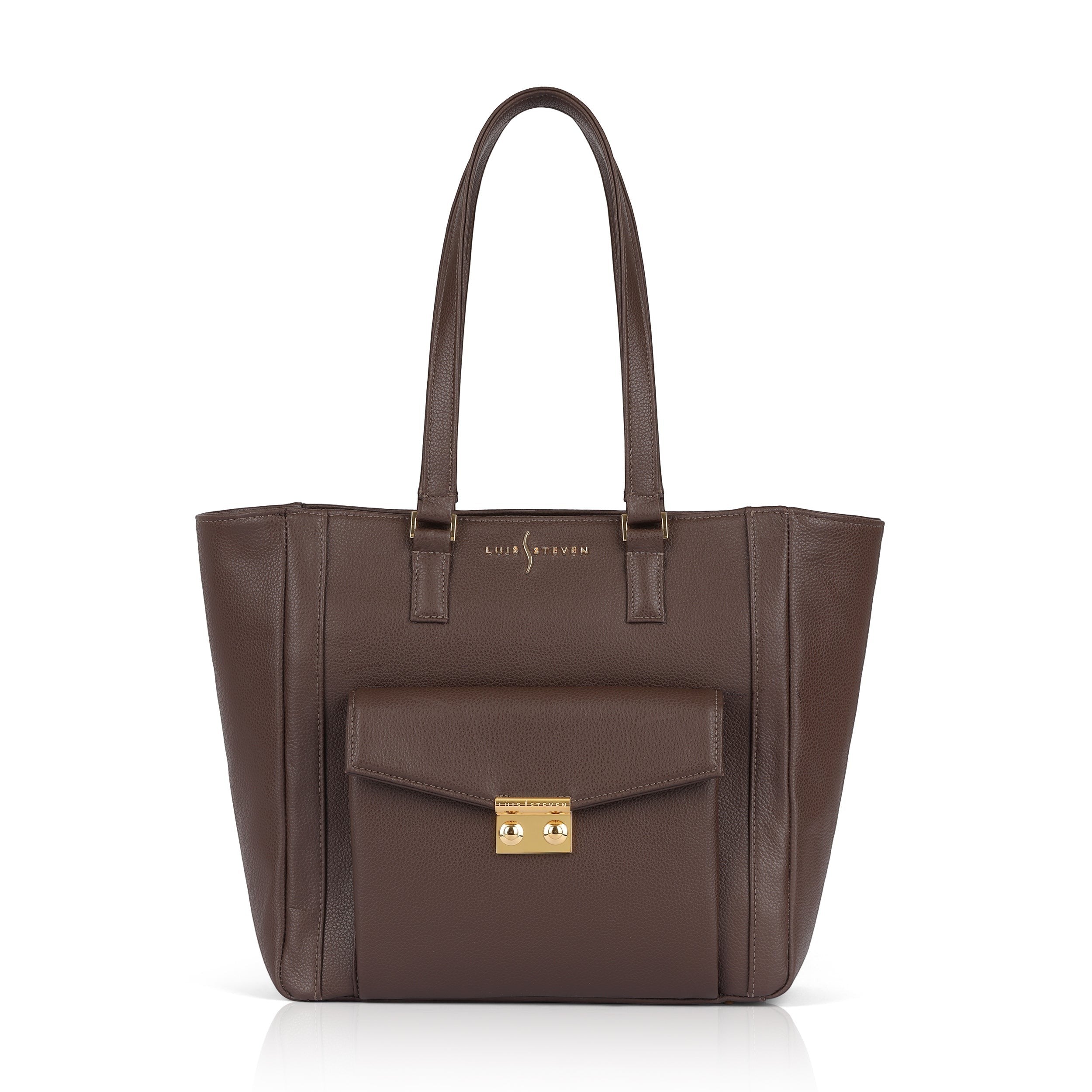 Luis Steven Classic Tote in brown pebble leather with gold hardware and front pocket with lock. Versatile shoulder bag.