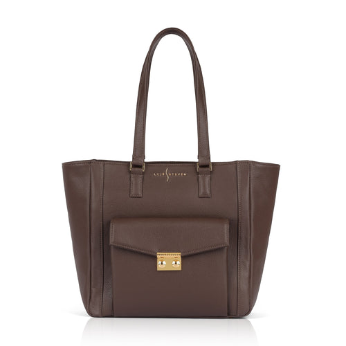 Luis Steven Classic Tote in brown pebble leather with gold hardware and front pocket with lock. Versatile shoulder bag.