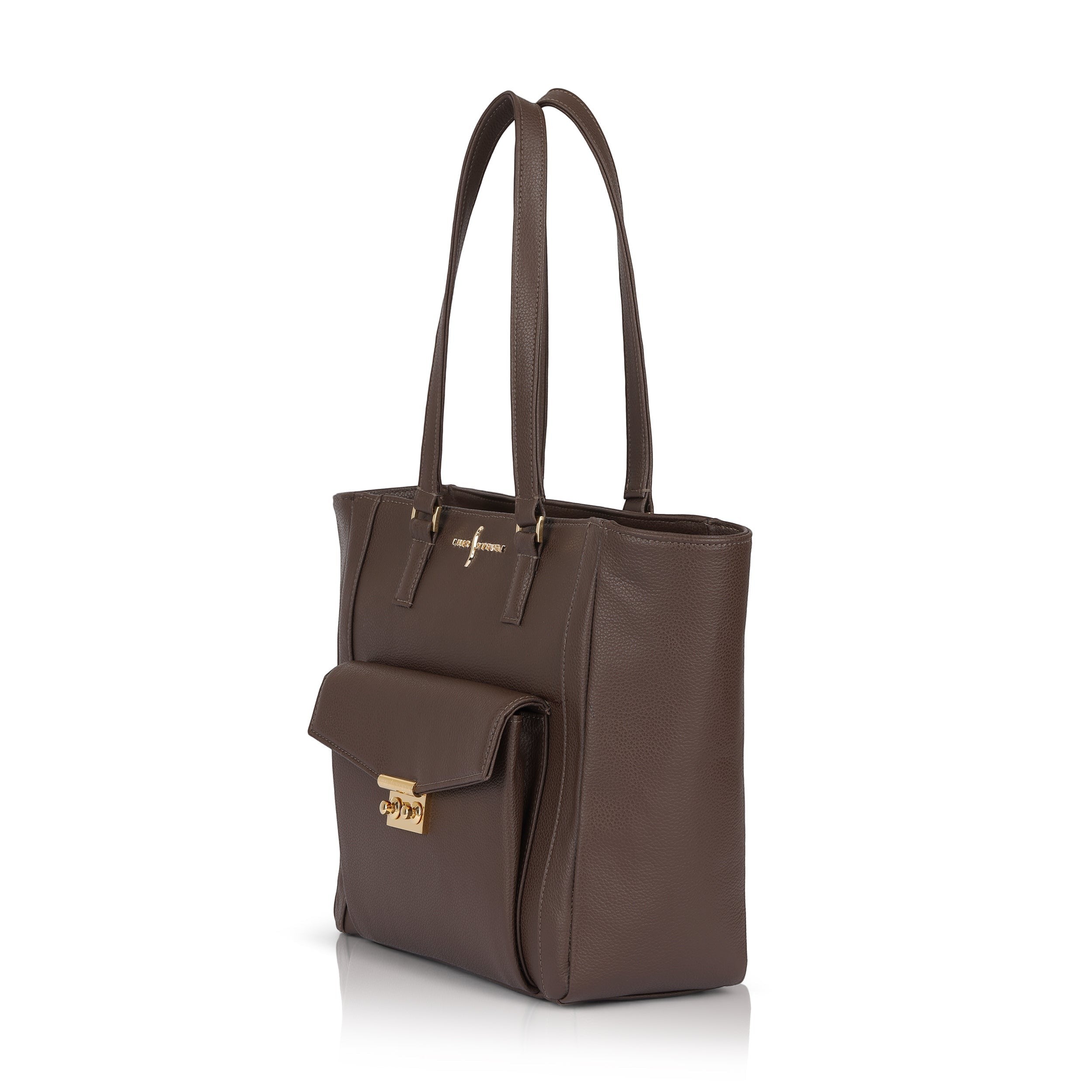 Luis Steven classic brown pebble leather tote bag with gold hardware and front pocket with lock. Top zip closure, 9" handle drop.