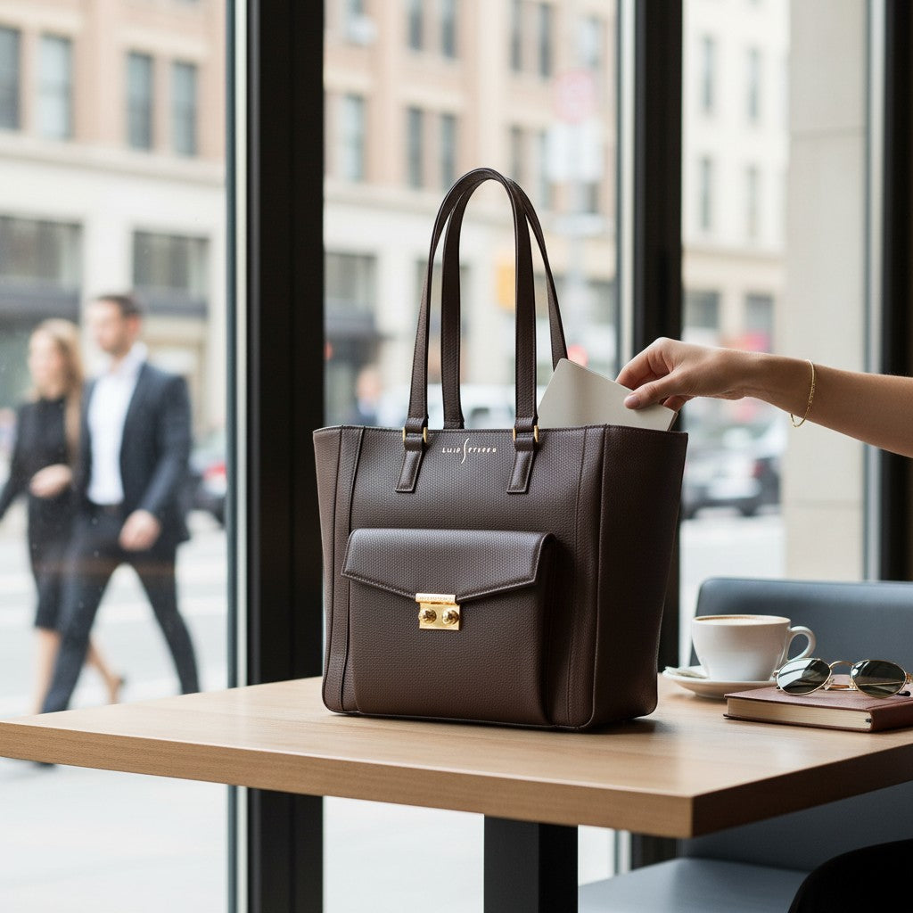 Luis Steven Classic Tote in brown pebble leather with gold hardware and front pocket, perfect for work or daily use.