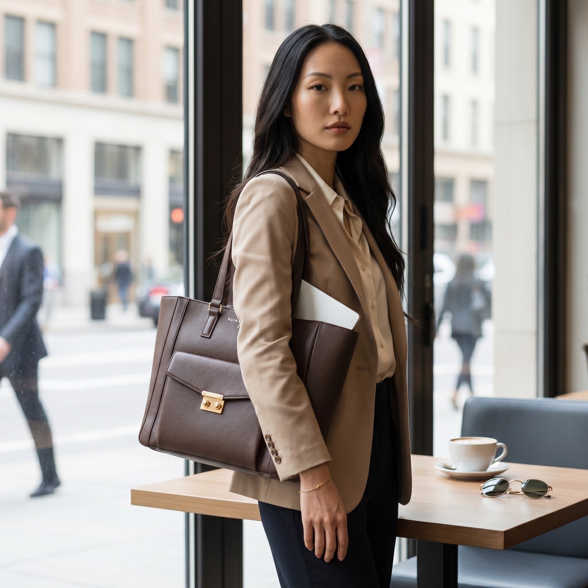 Luis Steven brown pebble leather tote bag with gold hardware and front pocket, placed on a table with a coffee cup and sunglasses.