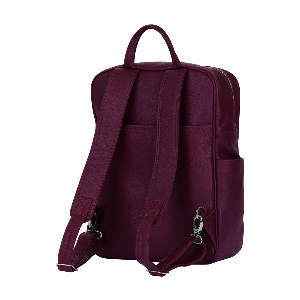 Luis Steven burgundy Italian pebble leather professional backpack with adjustable straps and side pockets, back view.