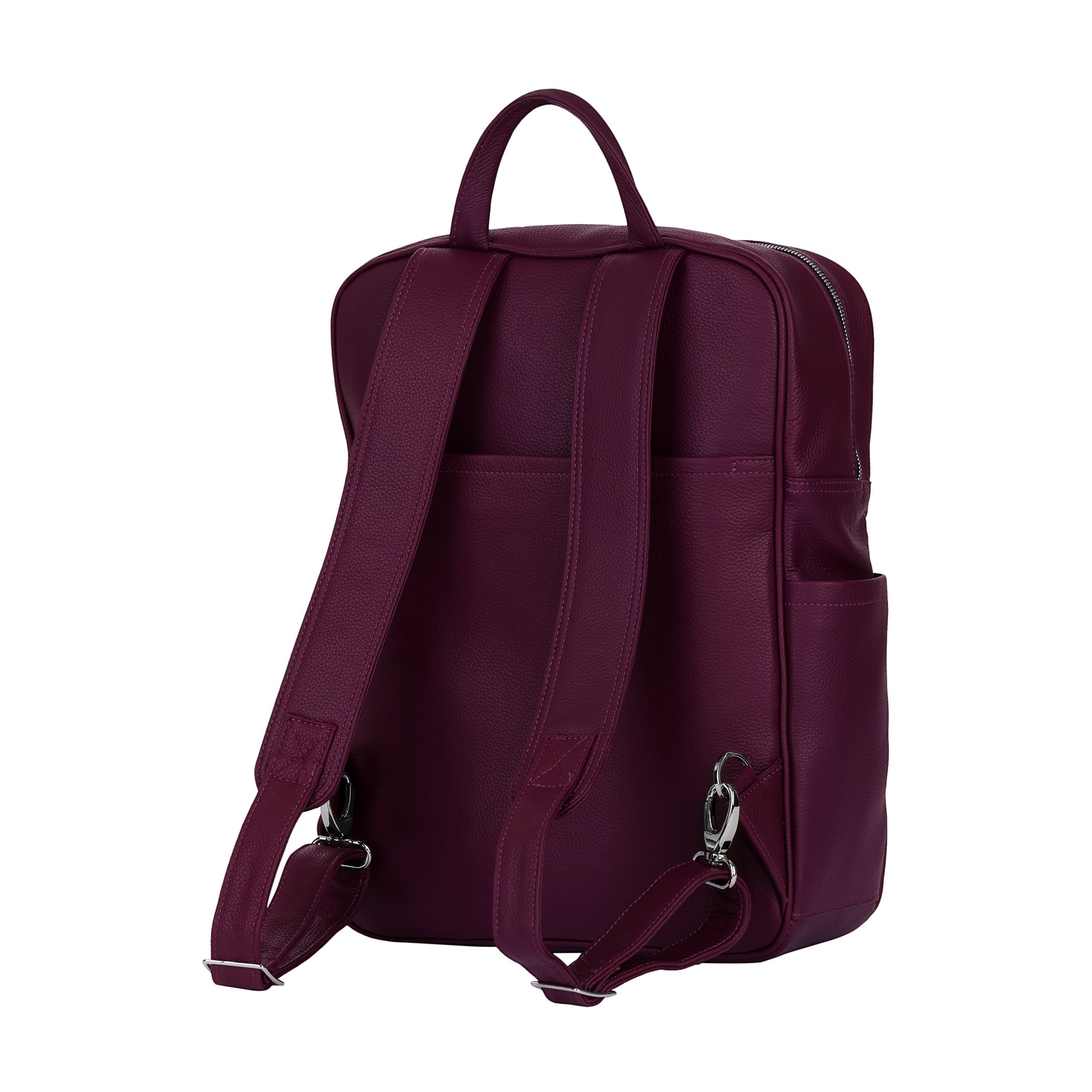 Luis Steven burgundy Italian pebble leather professional backpack with adjustable straps and side pockets, back view.