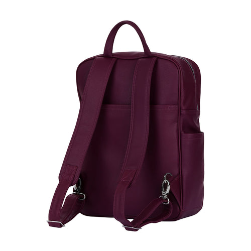 Luis Steven burgundy Italian pebble leather professional backpack with adjustable straps and side pockets, back view.