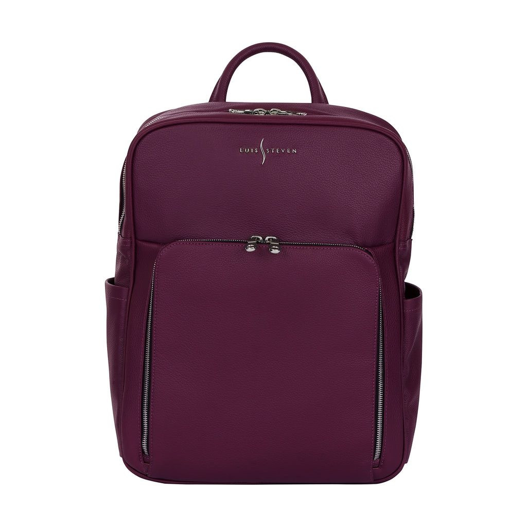 Luis Steven burgundy Italian pebble leather professional backpack with front organizer pocket and silver zippers