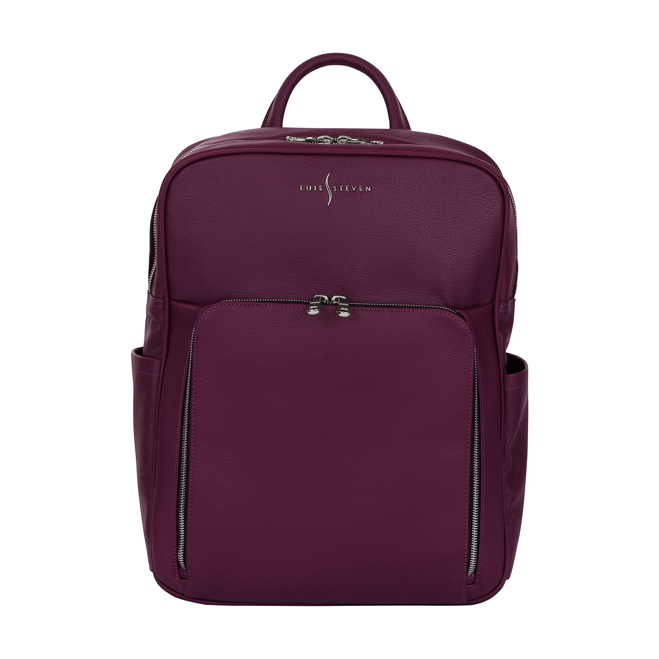 Luis Steven burgundy Italian pebble leather professional backpack with front organizer pocket and silver zippers