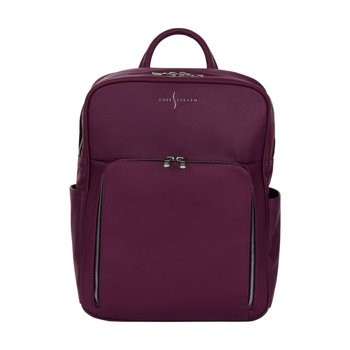 Luis Steven burgundy Italian pebble leather professional backpack with front organizer pocket and silver zippers