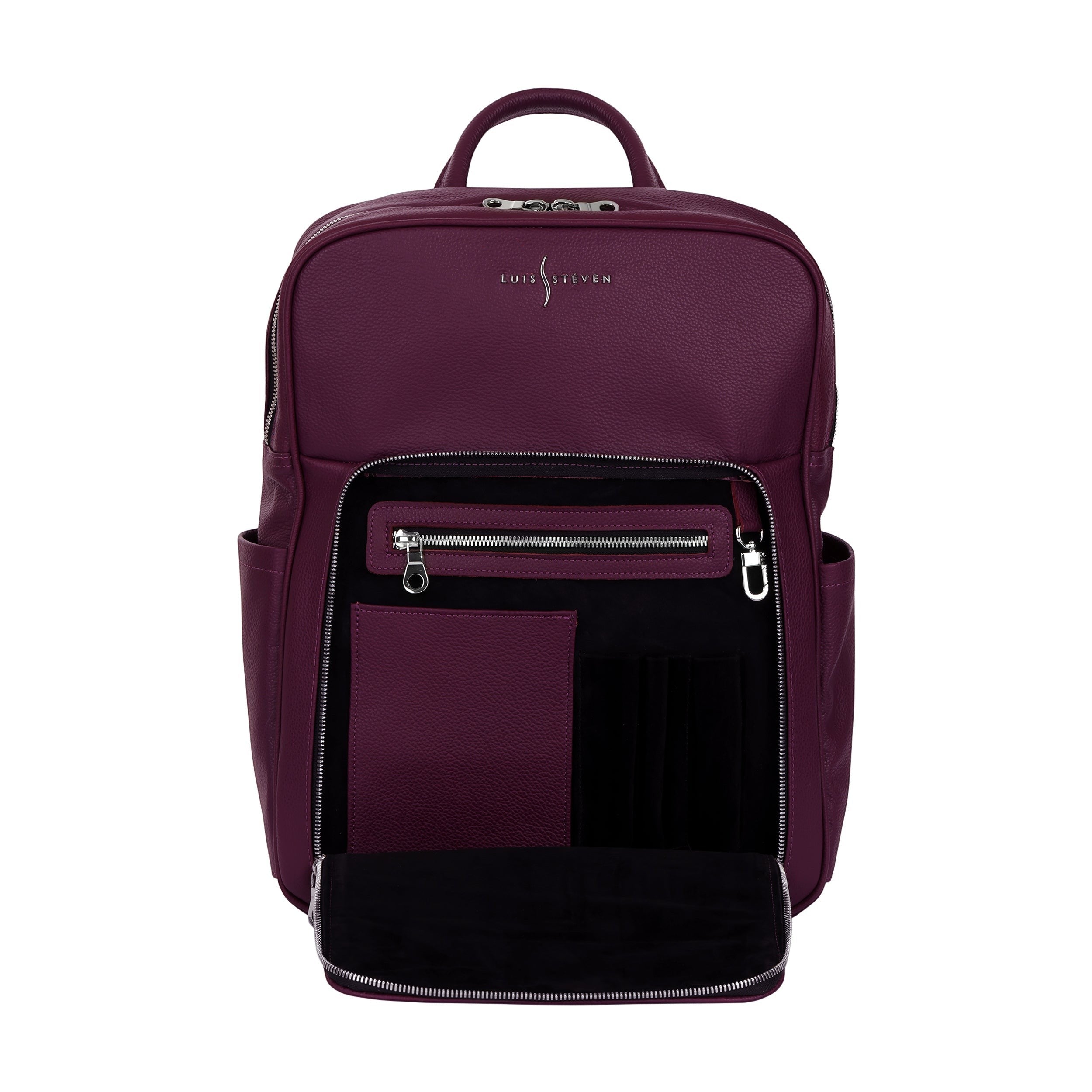 Luis Steven burgundy Italian pebble leather backpack with front zippered organizer pocket and silver hardware