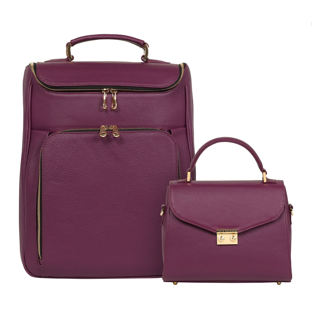Luis Steven burgundy pebble leather Maxine top handle bag and matching backpack with gold hardware.