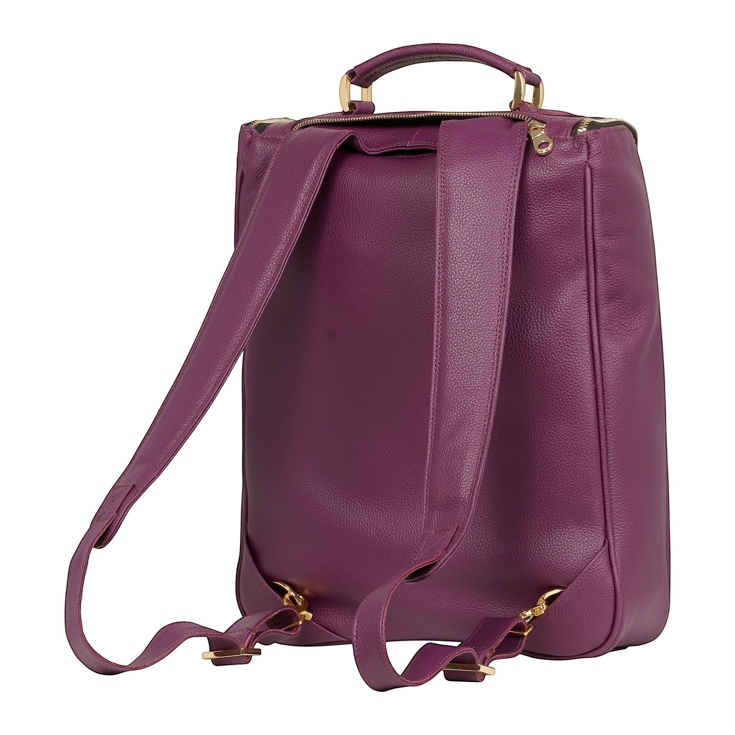 Luis Steven burgundy pebble leather backpack with gold hardware and concealable straps, perfect for laptops up to 16 inches.