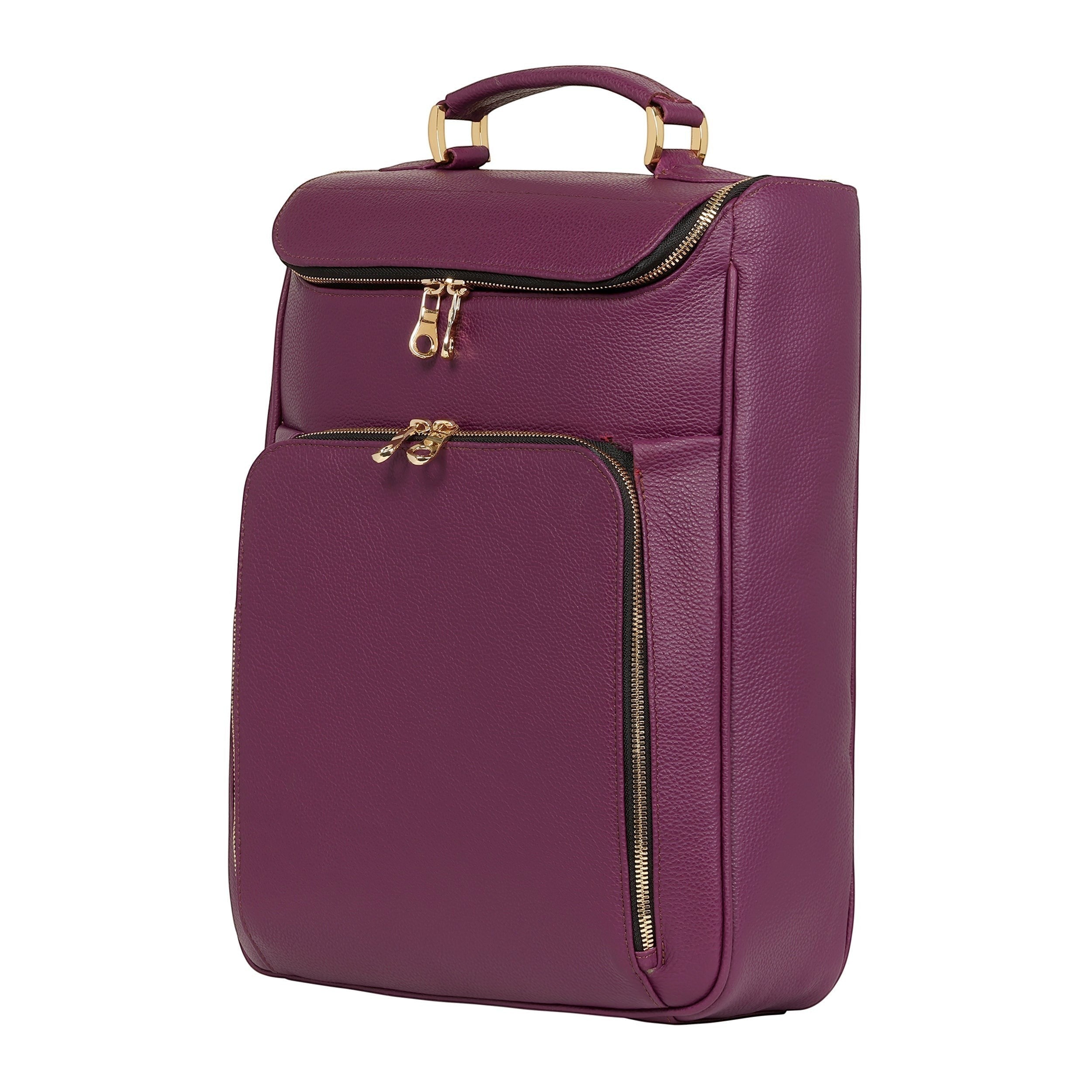 Luis Steven burgundy pebble leather laptop backpack with gold hardware and multiple zippered pockets.