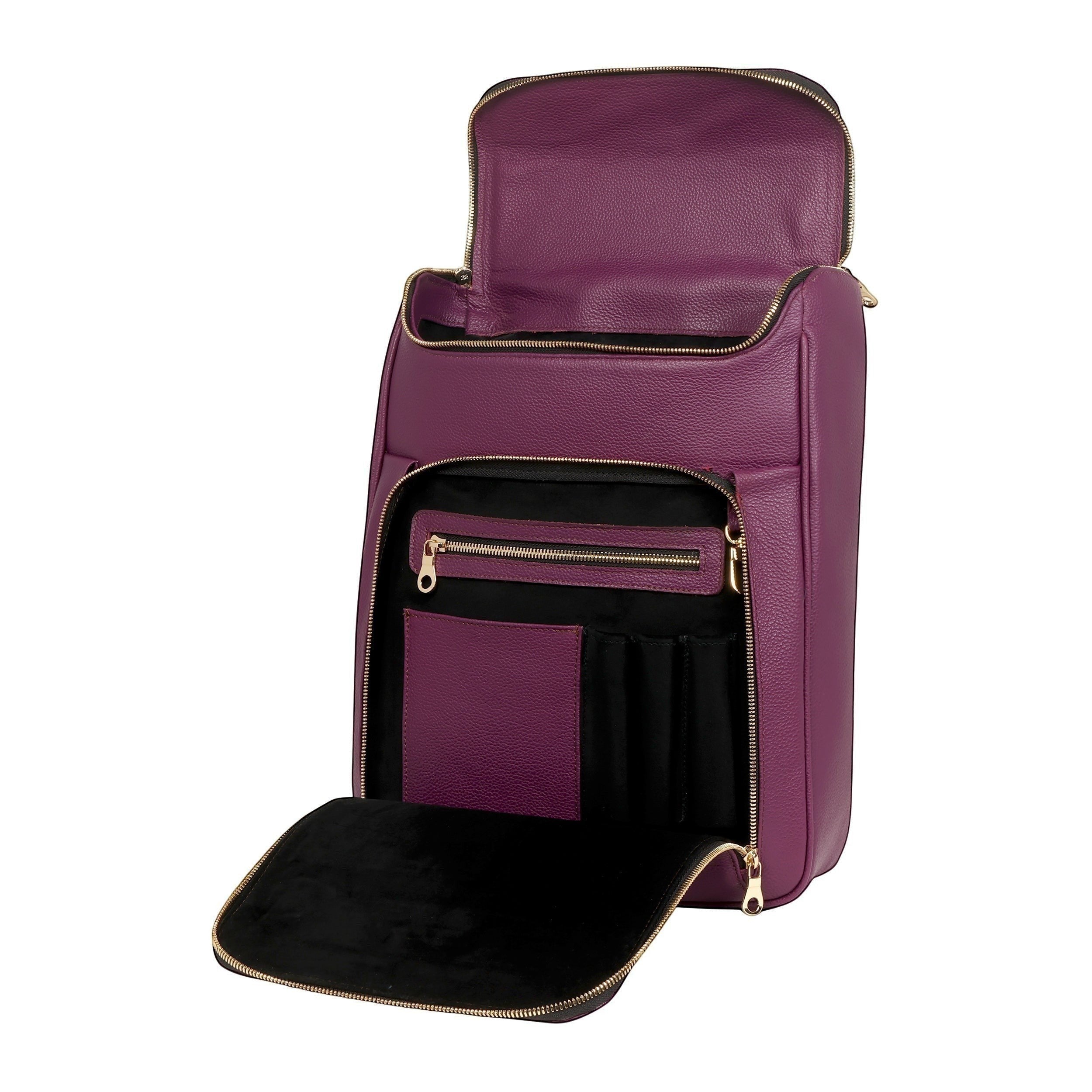 Luis Steven burgundy pebble leather laptop backpack with gold hardware. Features a front organizer pocket and concealable straps.