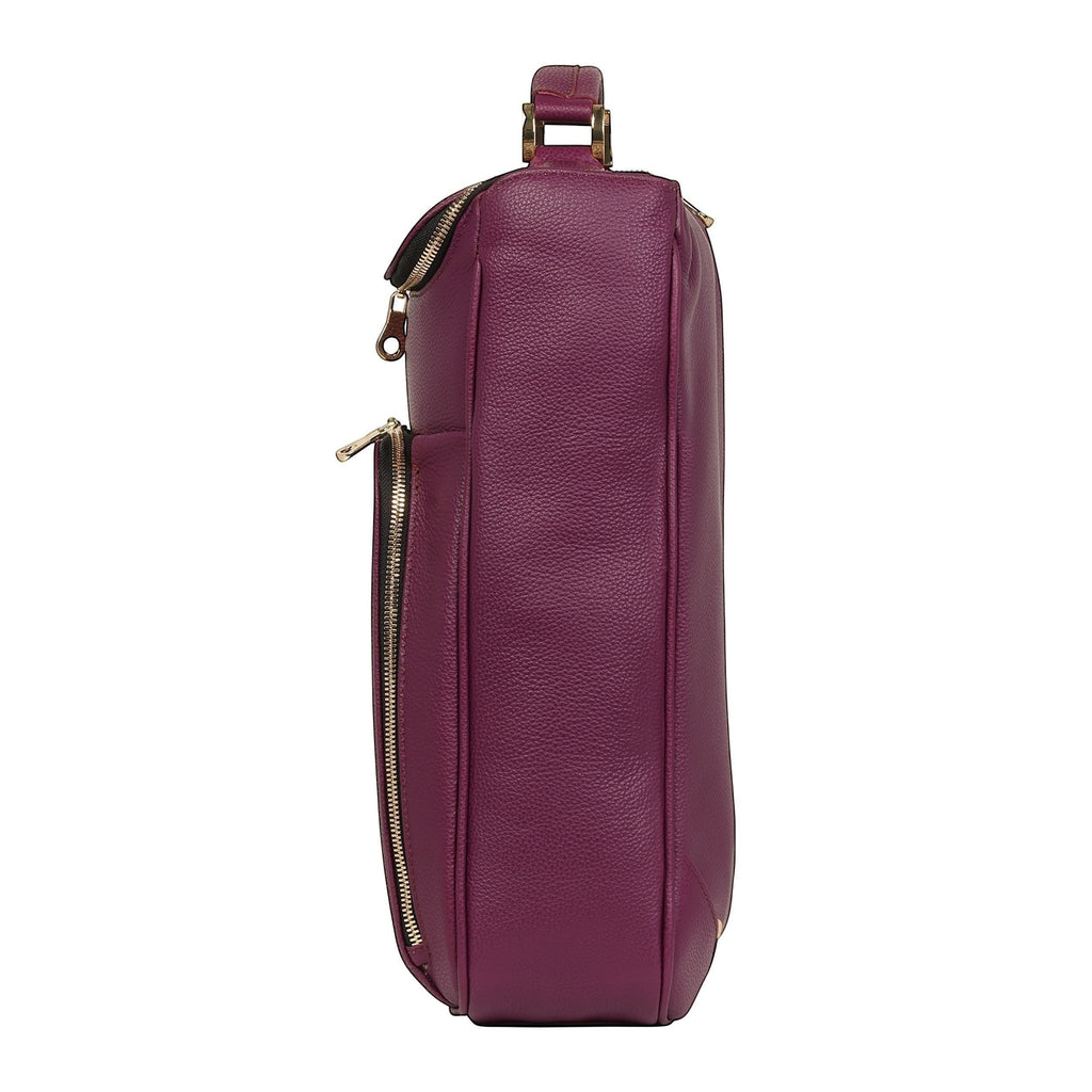 Luis Steven burgundy pebble leather laptop backpack with gold hardware and multiple zippered pockets.