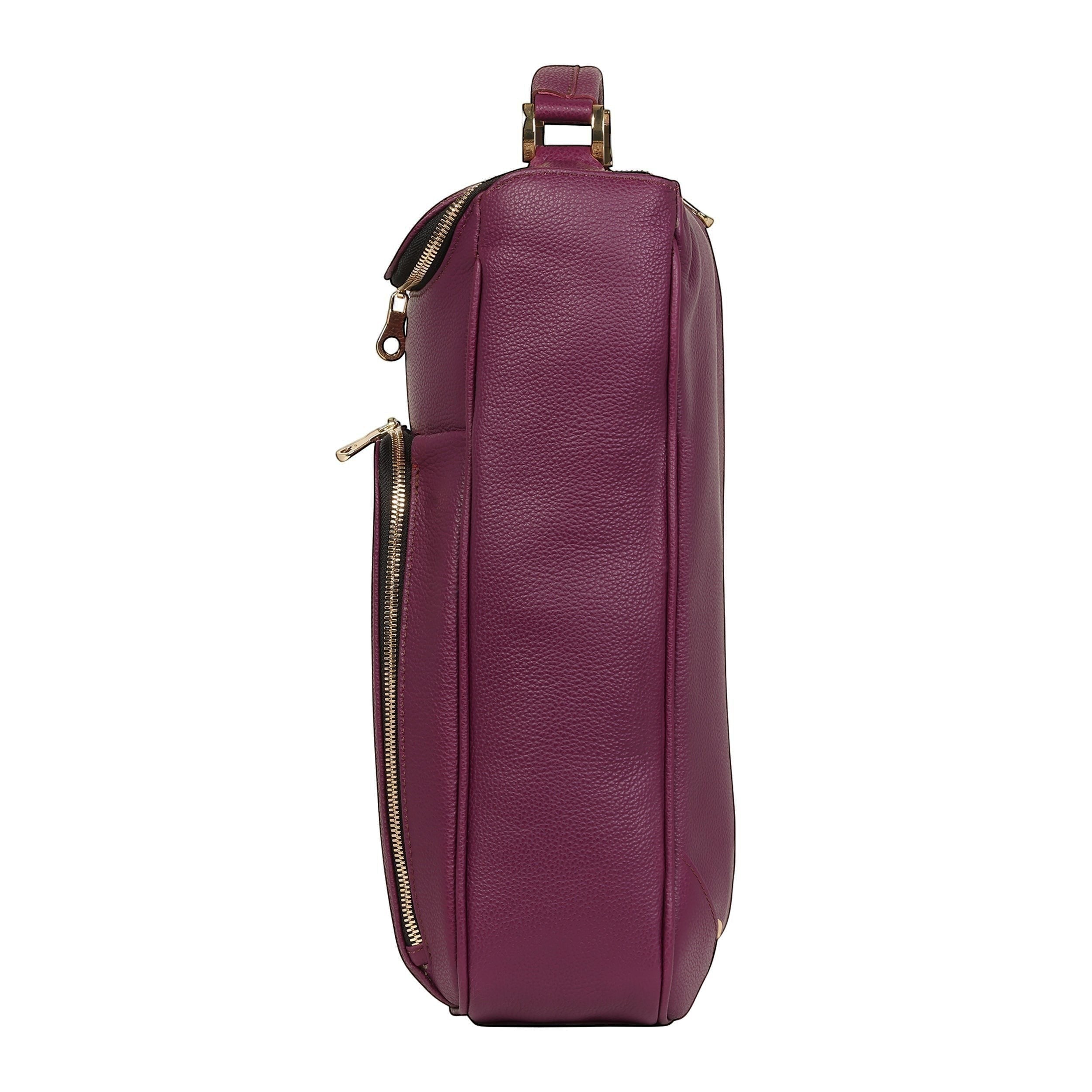 Luis Steven burgundy pebble leather laptop backpack with gold hardware and multiple zippered pockets.