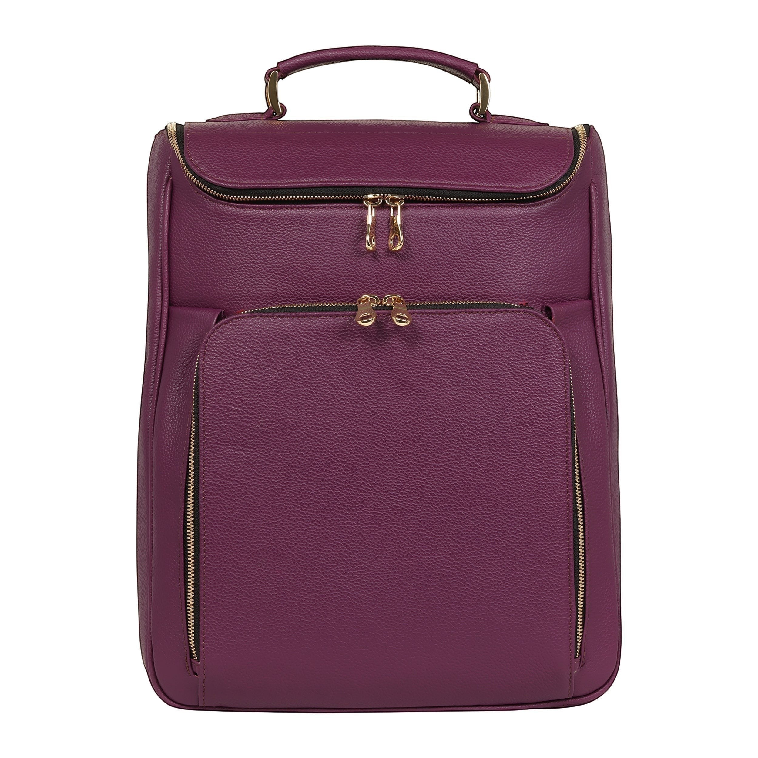 Luis Steven burgundy pebble leather laptop backpack with gold hardware and multiple zip pockets.