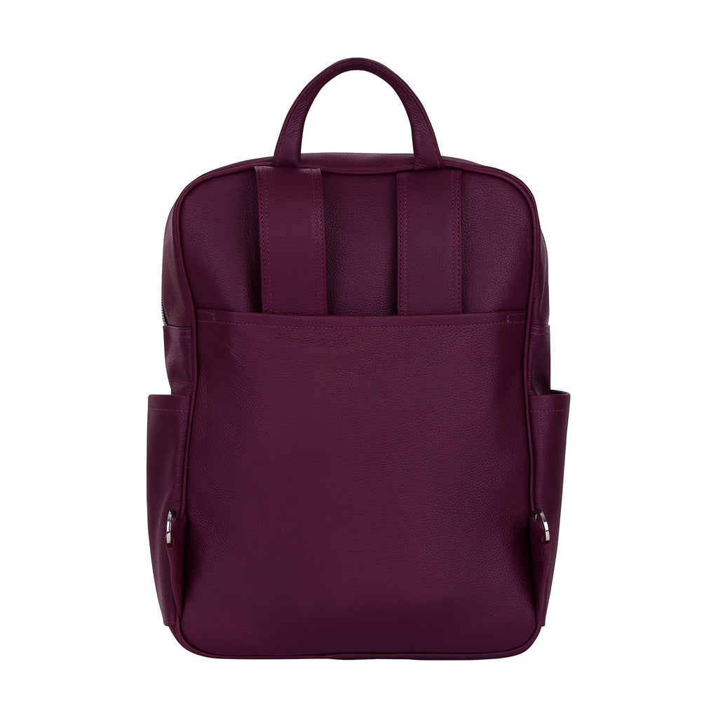 Luis Steven burgundy Italian pebble leather backpack, back view showing adjustable straps and side pockets.