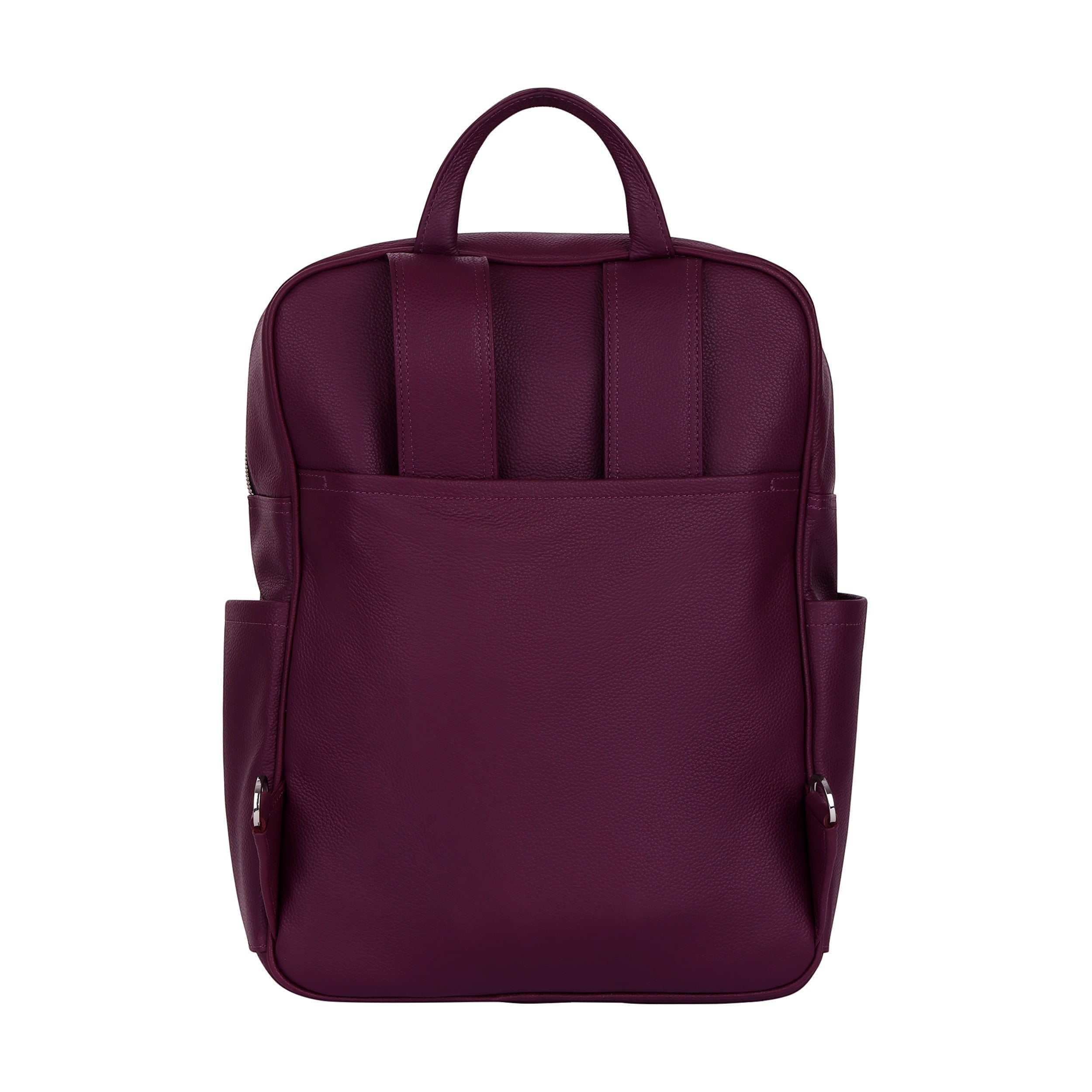 Luis Steven burgundy Italian pebble leather backpack, back view showing adjustable straps and side pockets.
