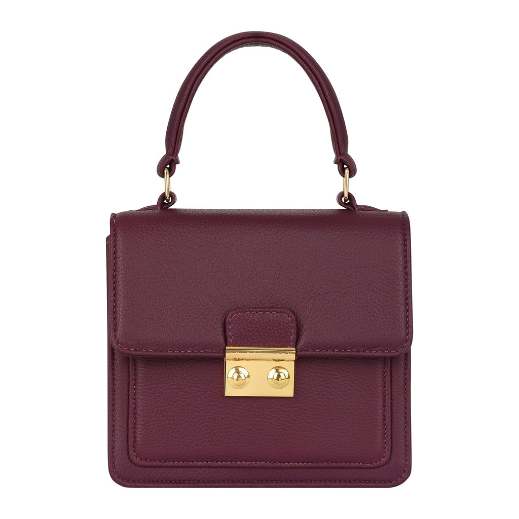 Luis Steven burgundy pebble leather small top handle bag with gold lock and detachable crossbody strap.