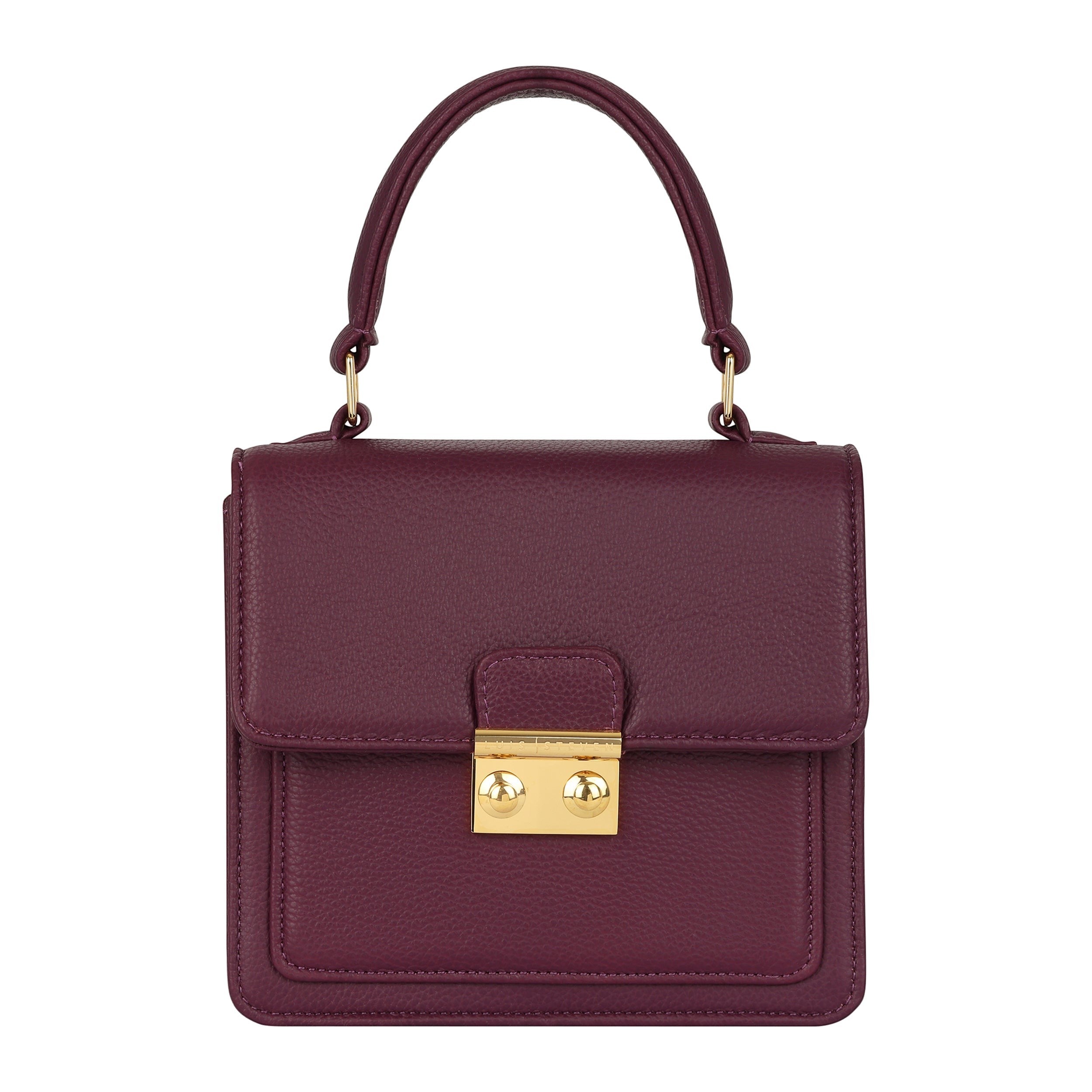 Luis Steven burgundy pebble leather small top handle bag with gold lock and detachable crossbody strap.