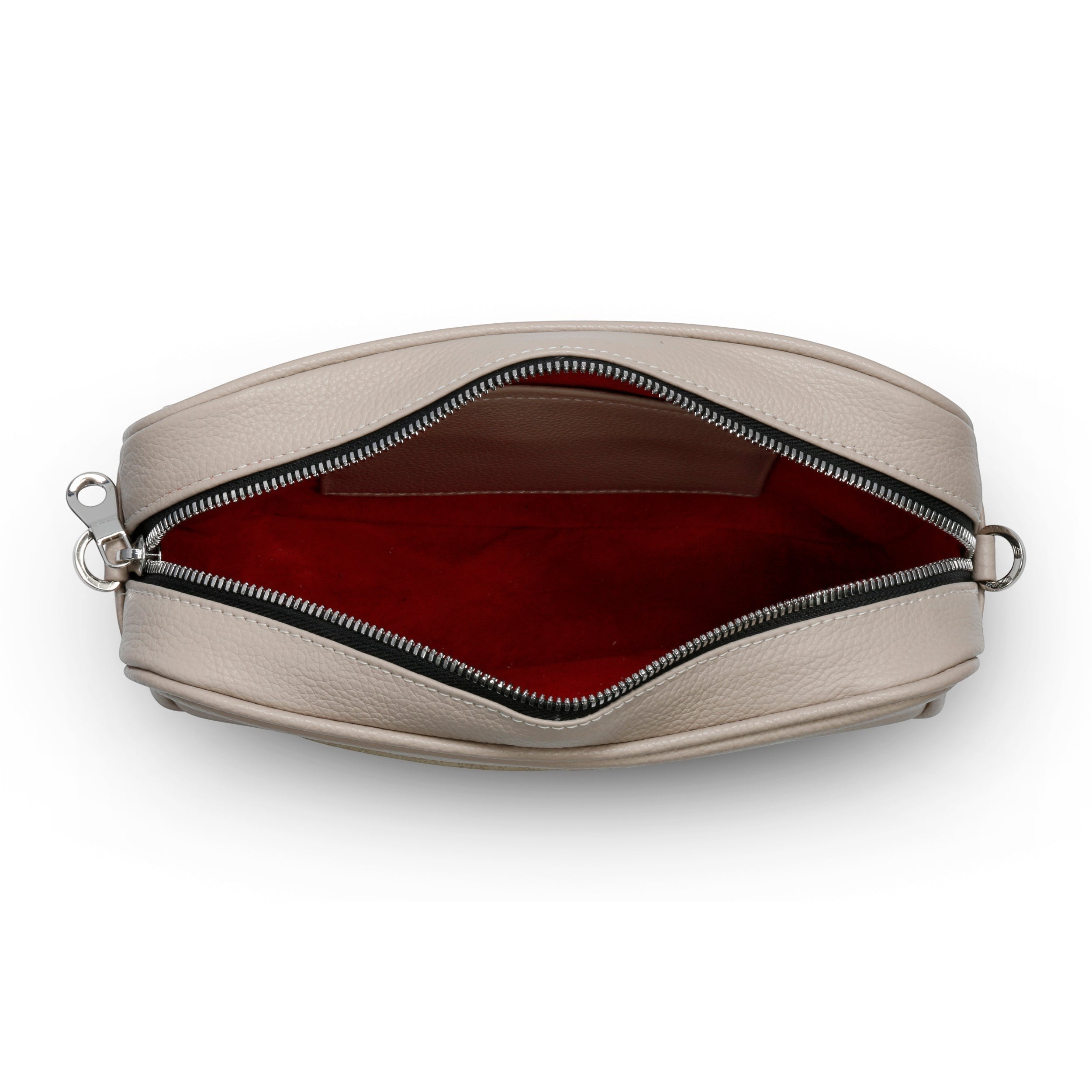 Luis Steven cream pebble leather camera bag with a vibrant red suede interior and silver zipper hardware