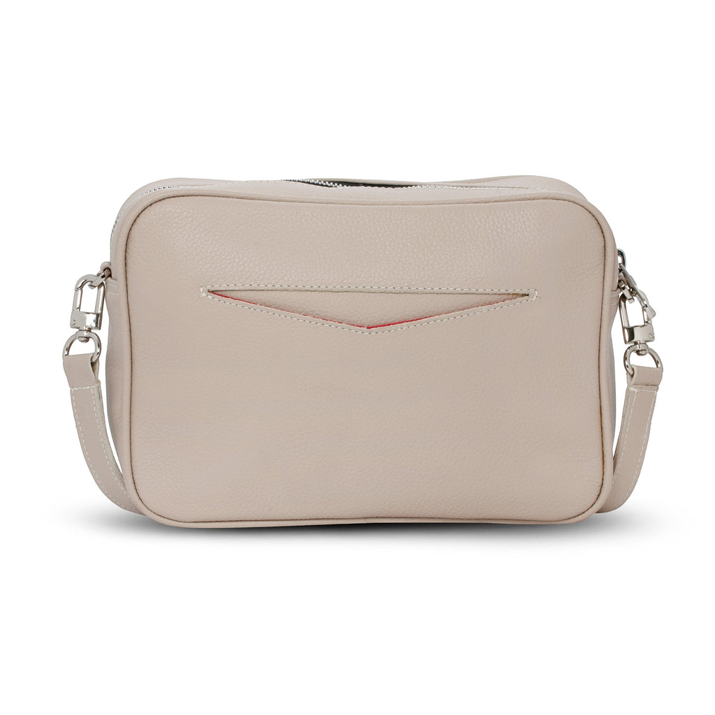 Luis Steven cream pebble leather crossbody camera bag with a back slip pocket and detachable strap