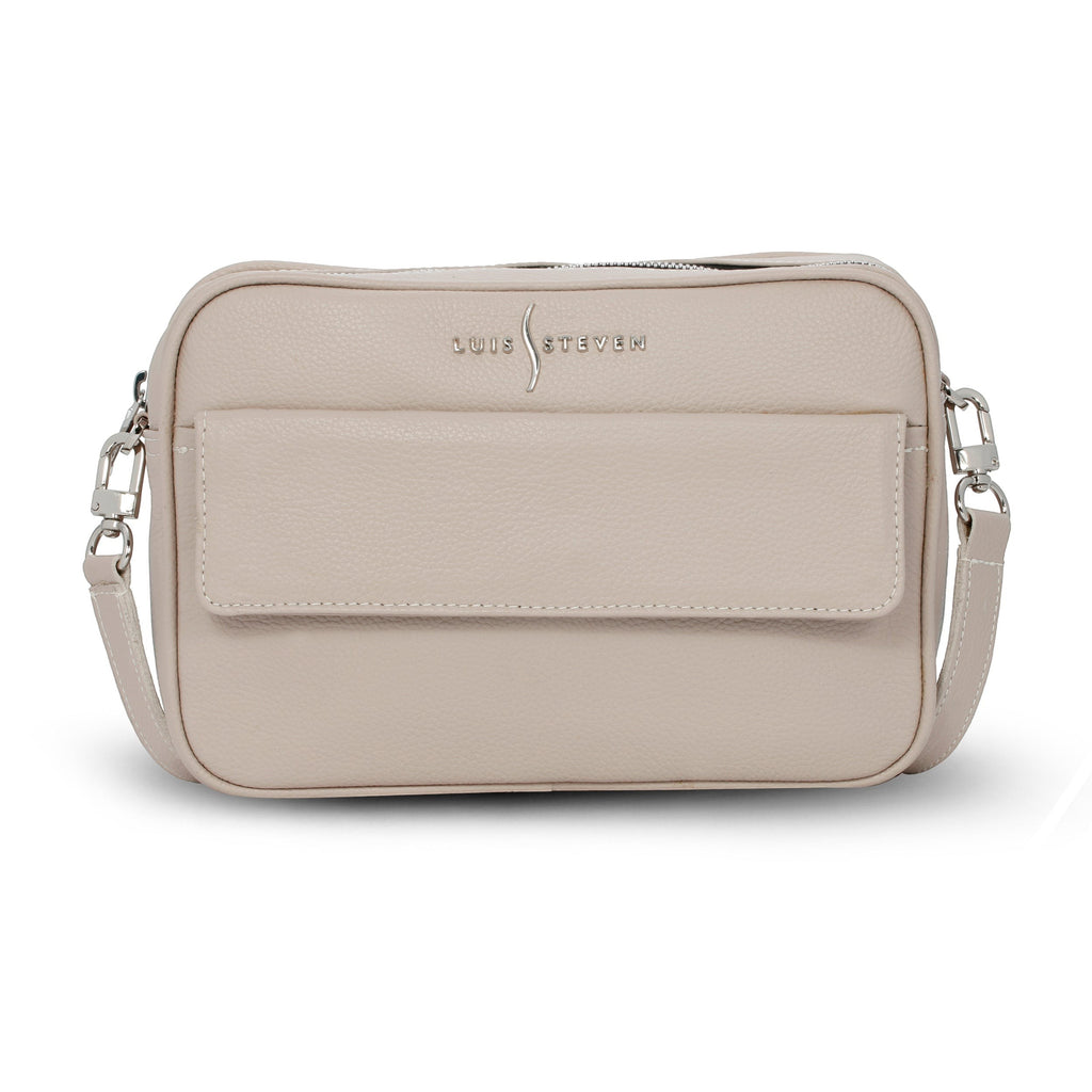 Luis Steven cream pebble leather crossbody camera bag with front phone pocket and nickel hardware