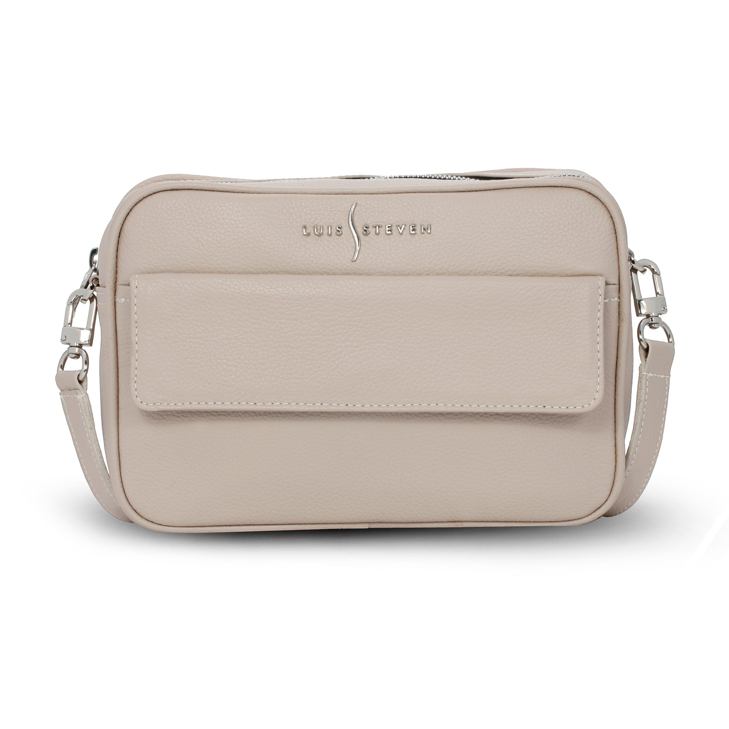 Luis Steven cream pebble leather crossbody camera bag with front phone pocket and nickel hardware