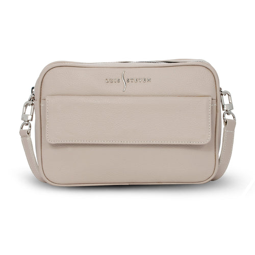 Luis Steven cream pebble leather crossbody camera bag with front phone pocket and nickel hardware