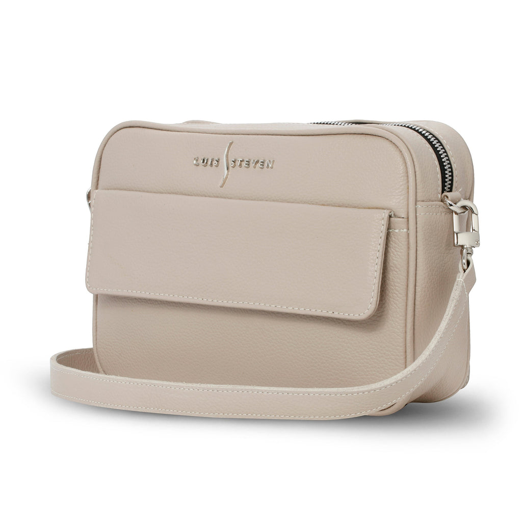 Luis Steven cream pebble leather crossbody camera bag with front phone pocket and adjustable strap