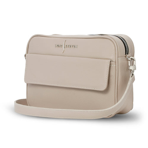 Luis Steven cream pebble leather crossbody camera bag with front phone pocket and adjustable strap