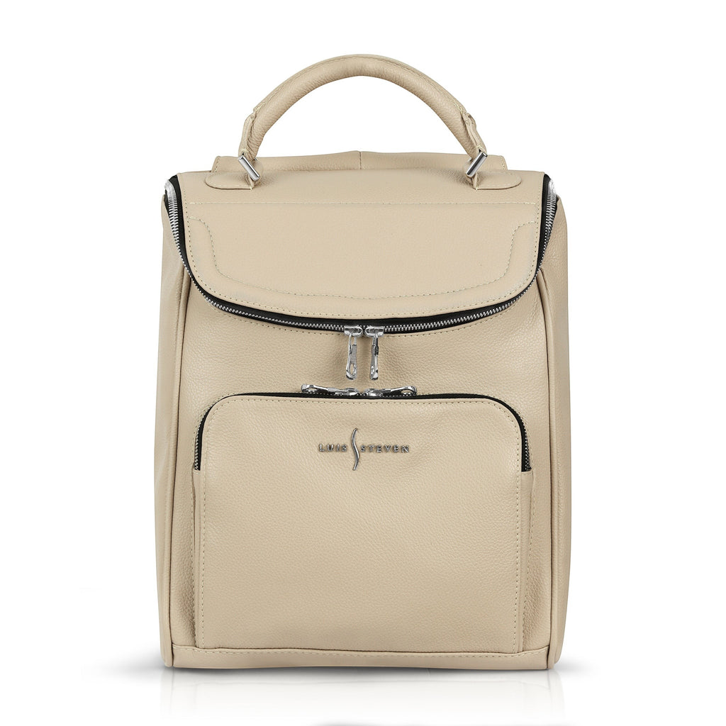 Luis Steven cream pebble leather laptop backpack with nickel hardware and top handle, front view