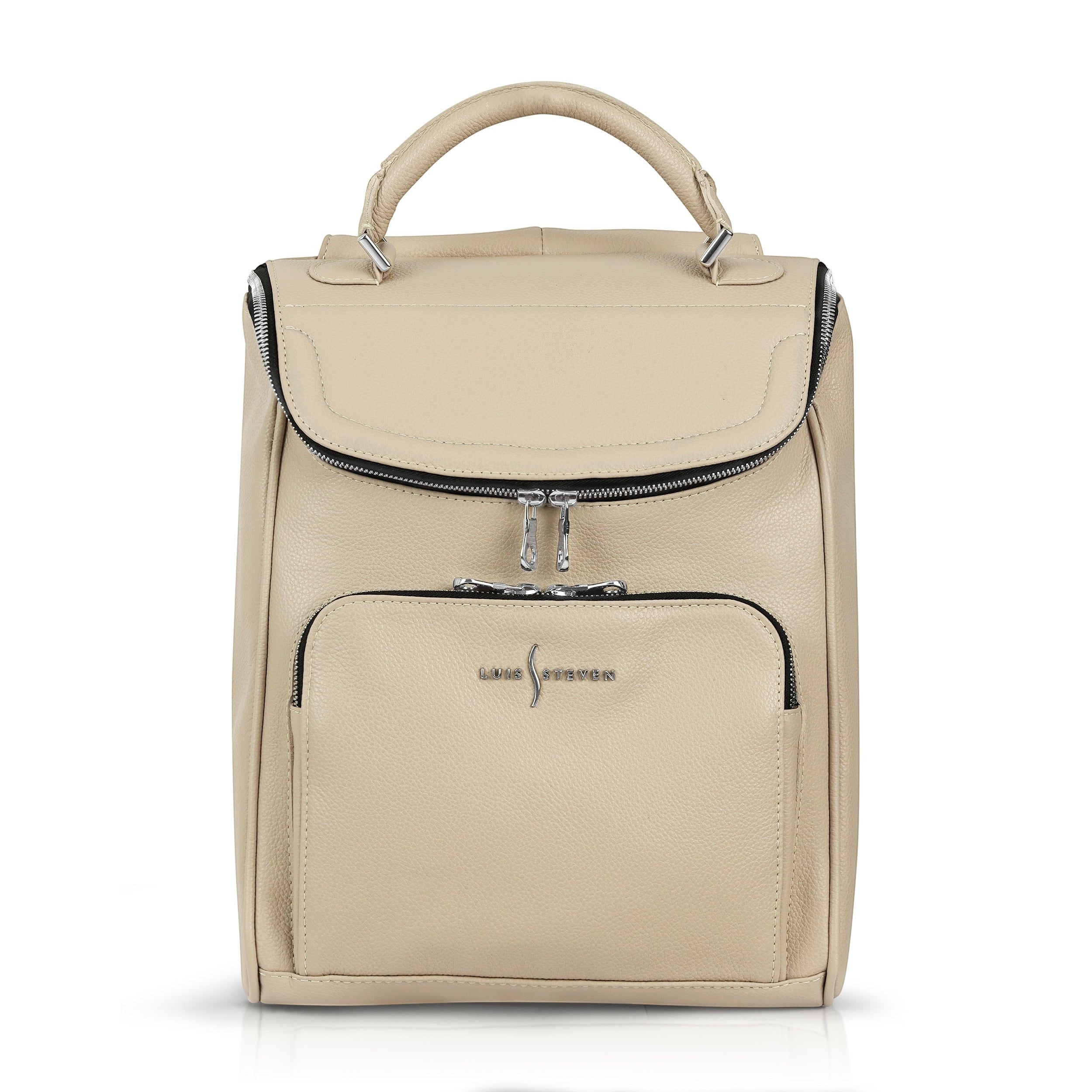 Luis Steven cream pebble leather laptop backpack with nickel hardware and top handle, front view
