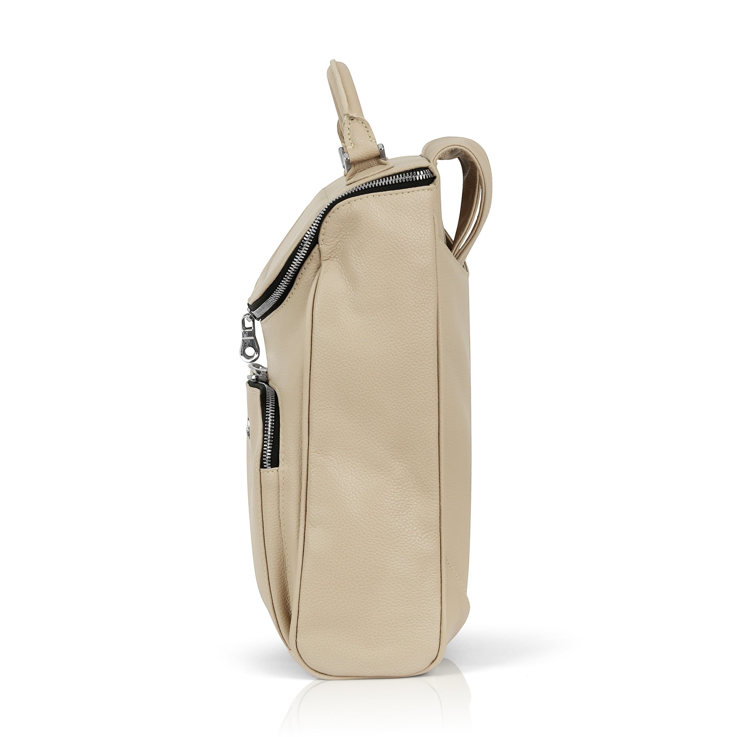 Luis Steven cream pebble leather laptop backpack with nickel hardware and top handle, side profile view
