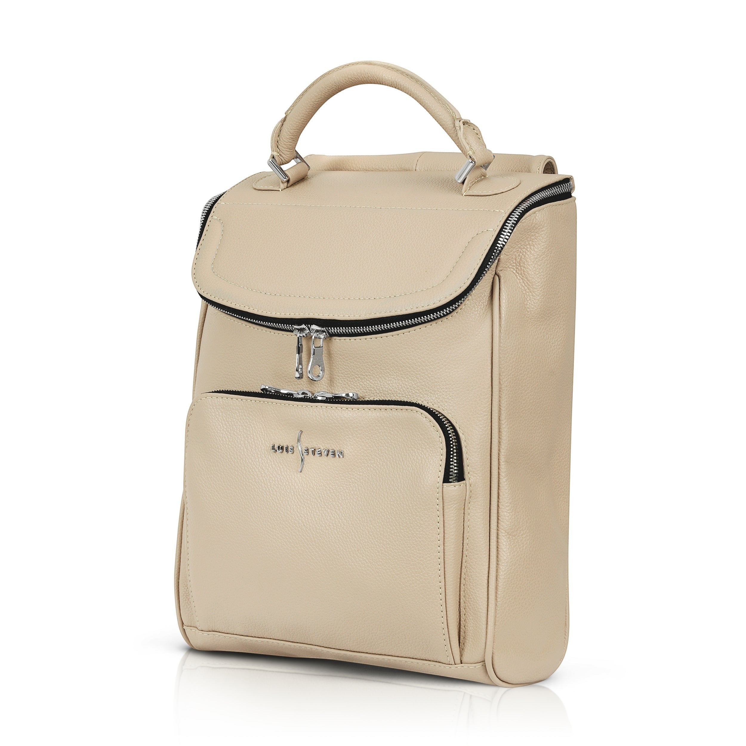 Luis Steven cream pebble leather laptop backpack with nickel hardware and convertible top handle design