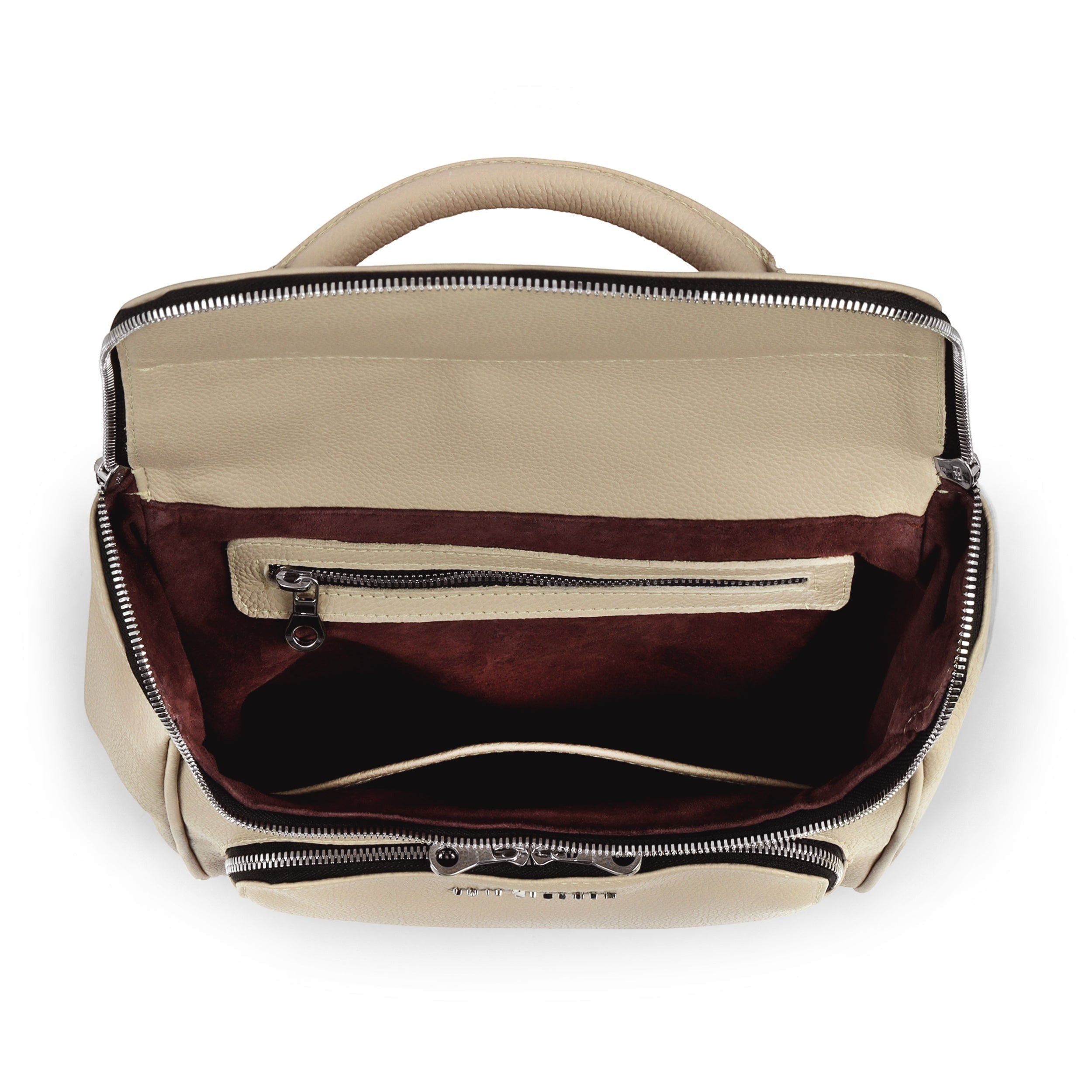 Luis Steven cream pebble leather laptop backpack with open top, dark suede lining, and nickel hardware.