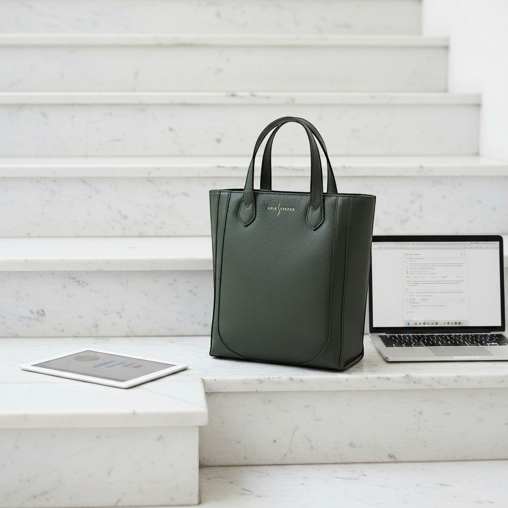 Luis Steven dark green pebble leather tall bucket tote with gold hardware and top zipper closure.