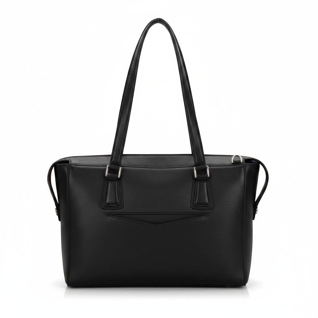 Luis Steven grey pebble leather executive tote bag with top handles and zipper closure. Features include interior pockets and metal feet.