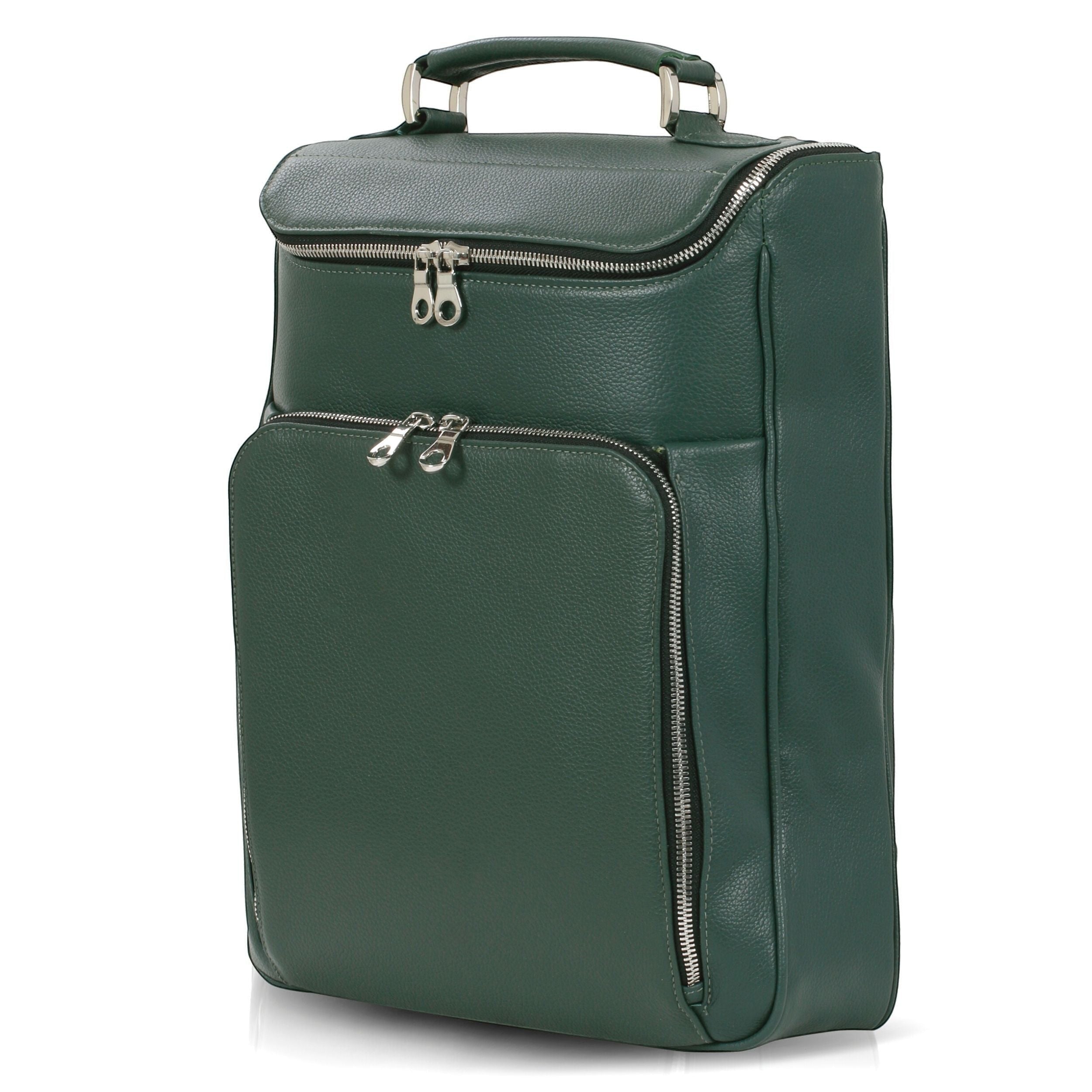 Luis Steven forest green pebble leather laptop backpack with top handle and multiple zippered pockets.