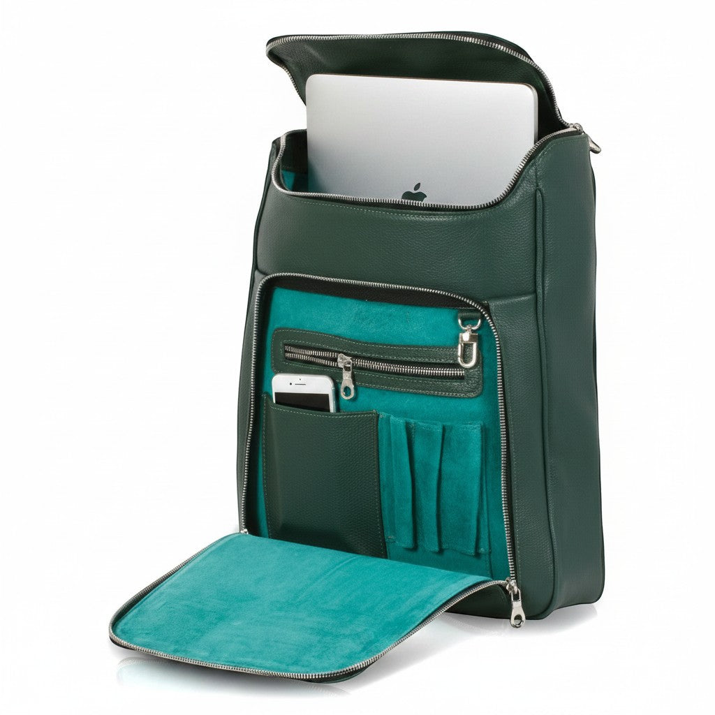 Luis Steven forest green pebble leather laptop backpack with teal suede lining and organizer pockets. Fits up to 16" laptops.