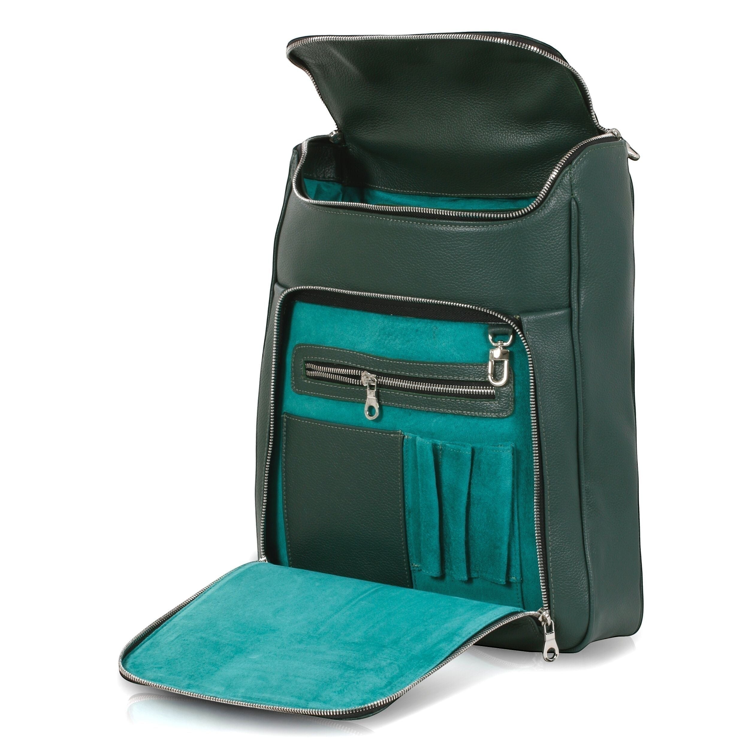 Luis Steven forest green pebble leather laptop backpack with teal lining and organizer pockets. Fits up to 16" laptops.