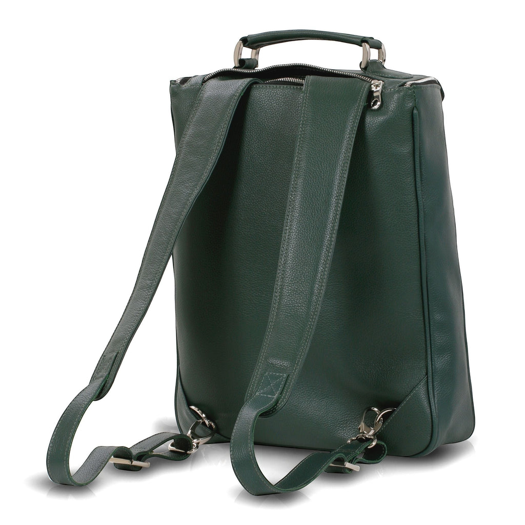 Luis Steven forest green pebble leather medium laptop backpack with concealable straps and top handle. Fits up to 16" laptops.