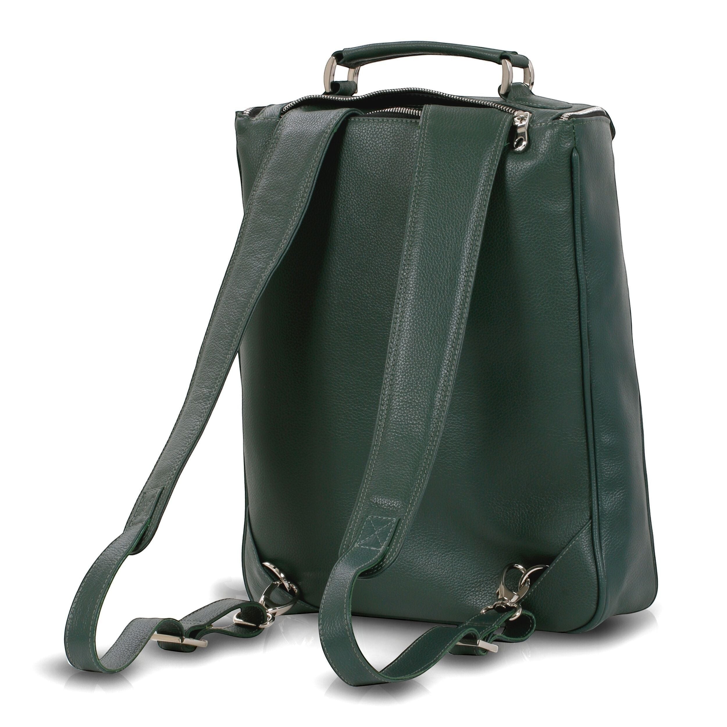 Luis Steven forest green pebble leather medium laptop backpack with concealable straps and top handle. Fits up to 16" laptops.