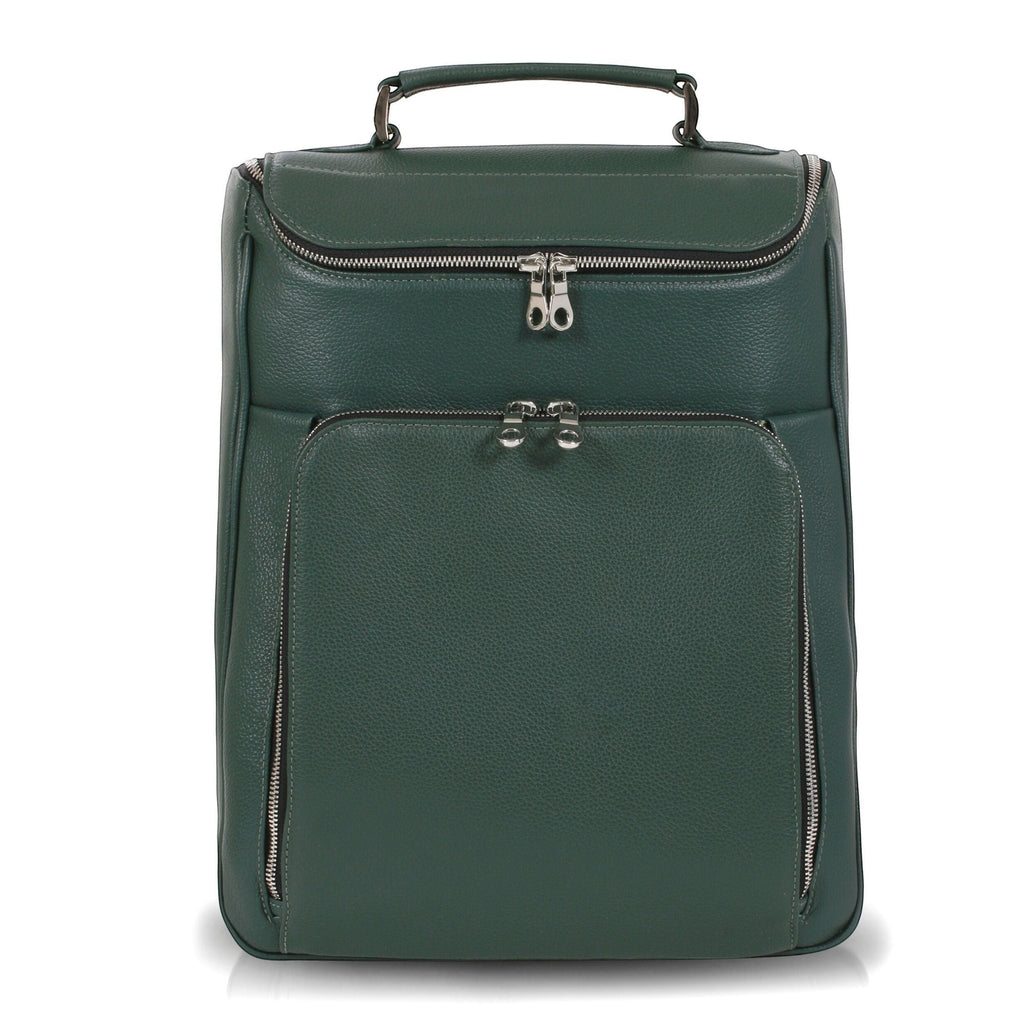 Luis Steven forest green pebble leather laptop backpack with top handle and multiple zippered pockets.