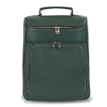 Luis Steven forest green pebble leather laptop backpack with top handle and multiple zippered pockets.
