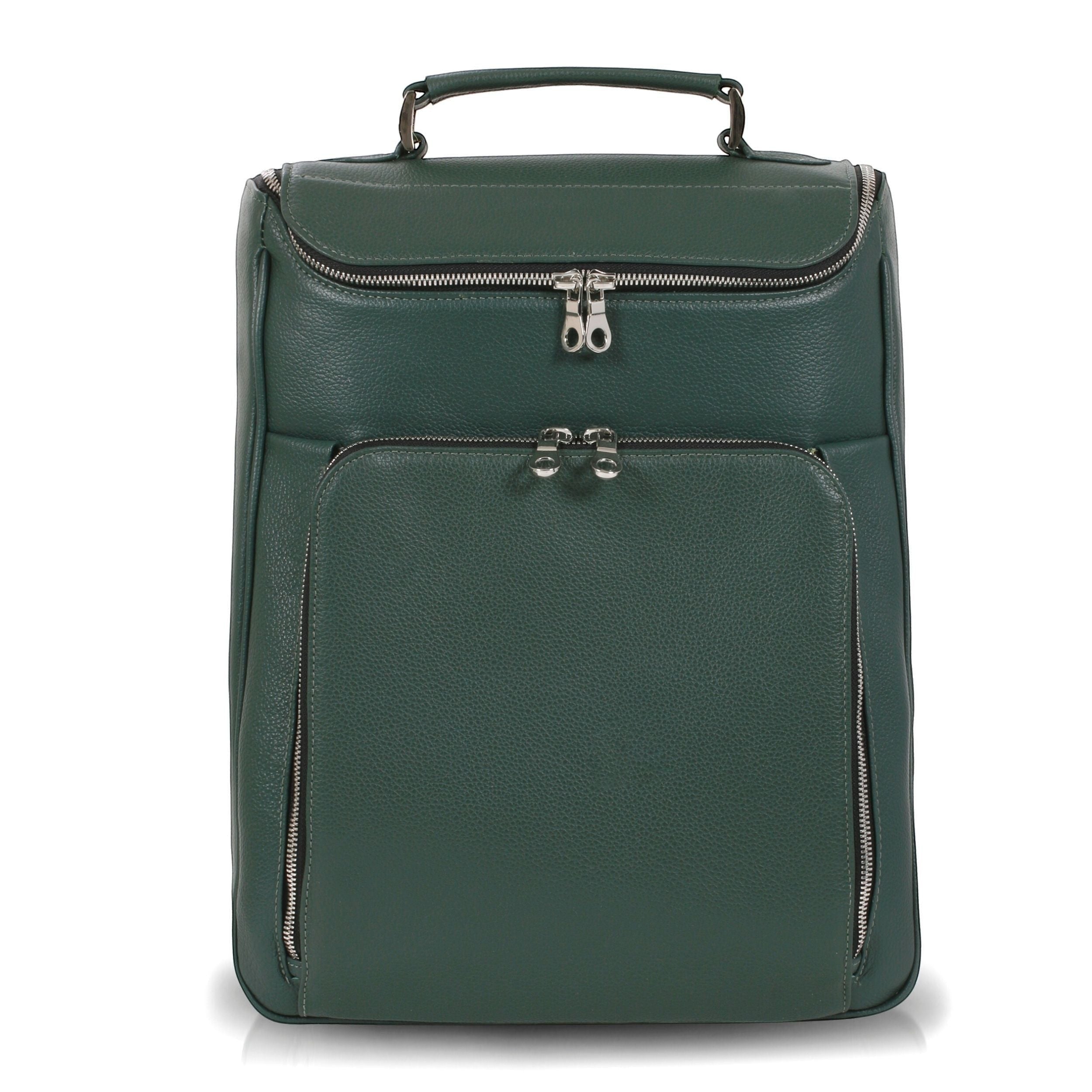 Luis Steven forest green pebble leather laptop backpack with top handle and multiple zippered pockets.