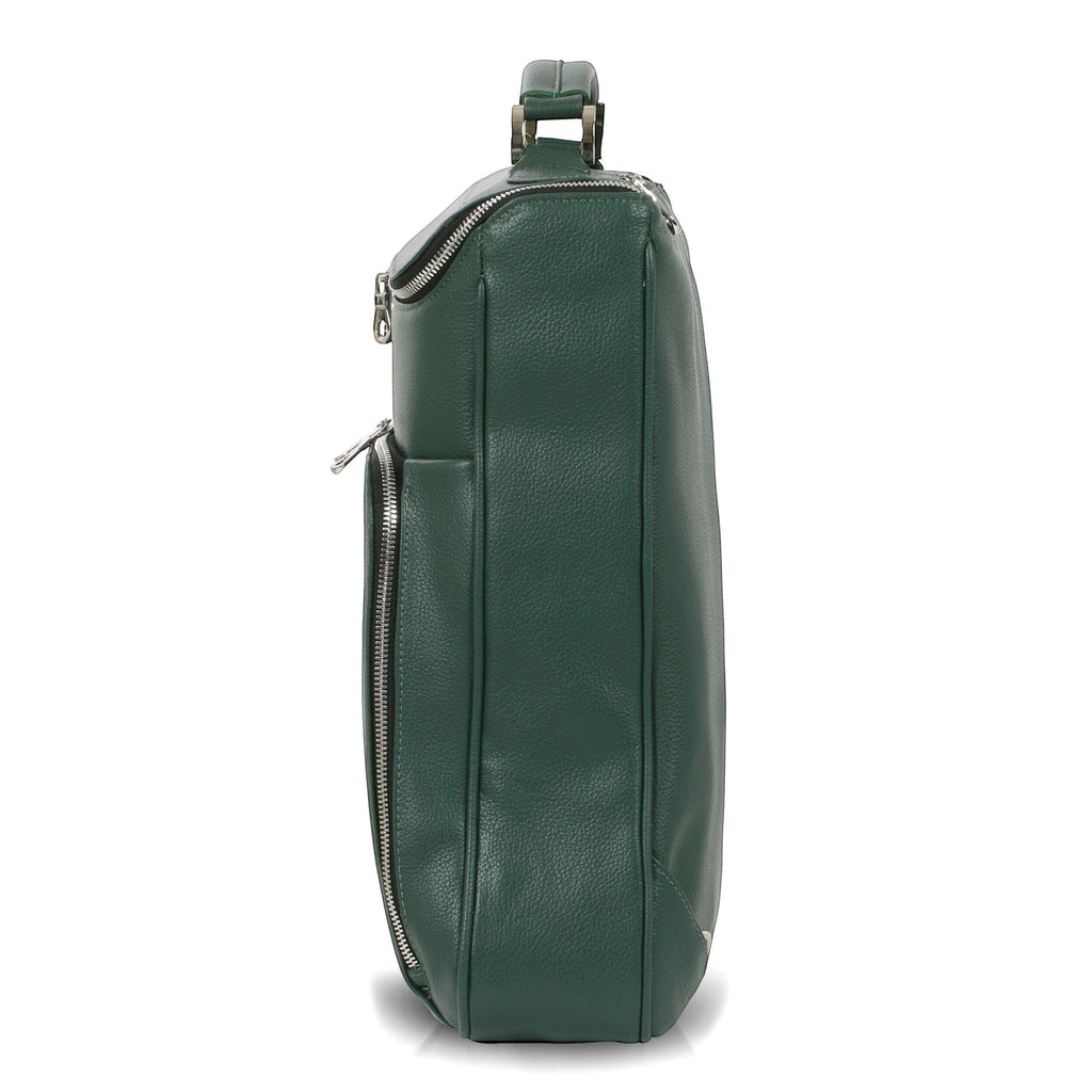 Luis Steven forest green pebble leather laptop backpack with top handle and zip pockets. Fits up to 16" laptops.