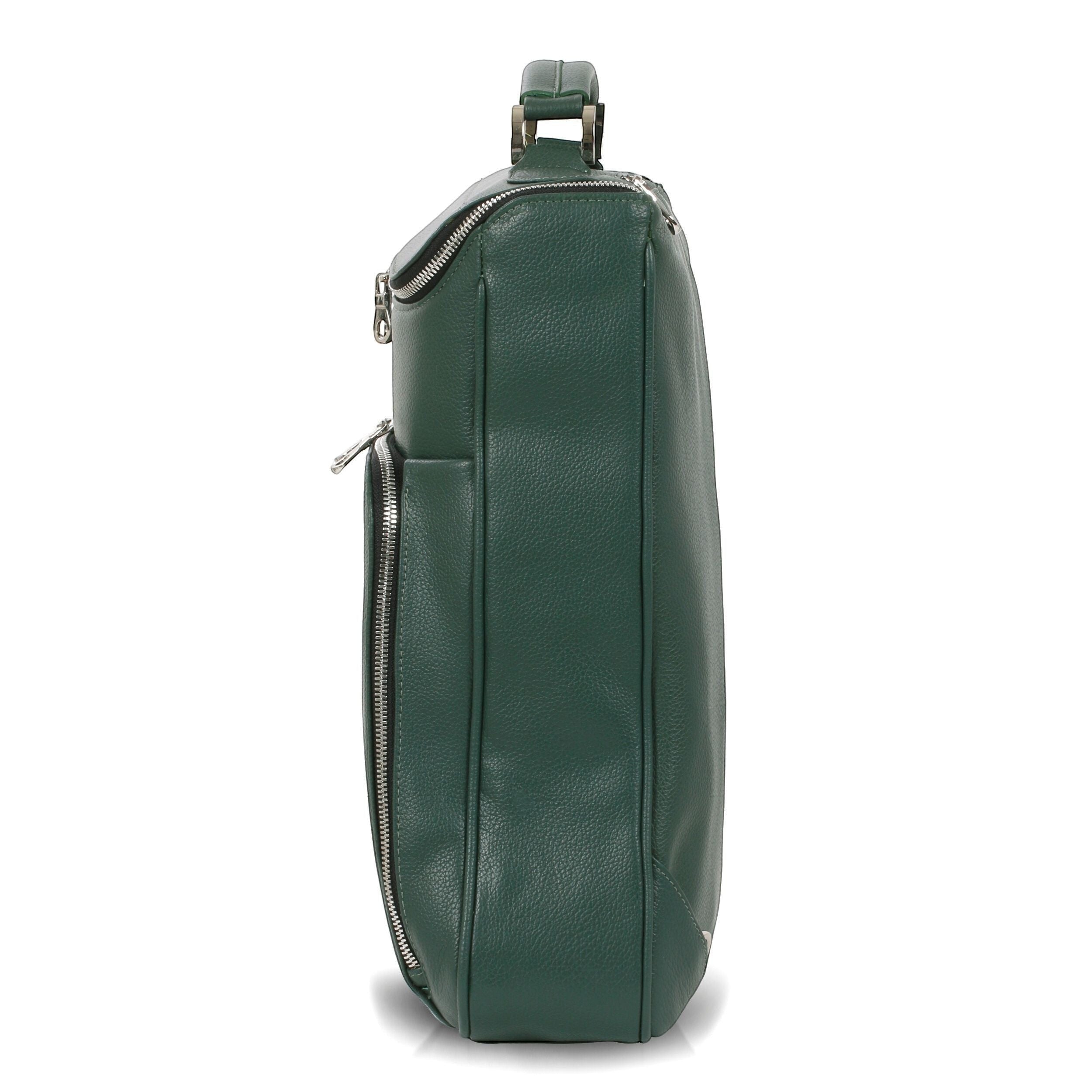 Luis Steven forest green pebble leather laptop backpack with top handle and zip pockets. Fits up to 16" laptops.