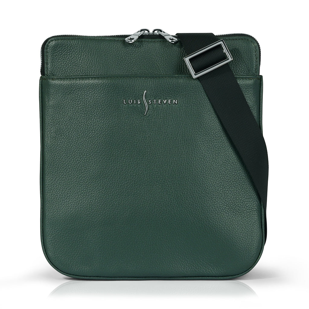 Luis Steven forest green pebble leather crossbody messenger bag with adjustable strap and exterior pockets.