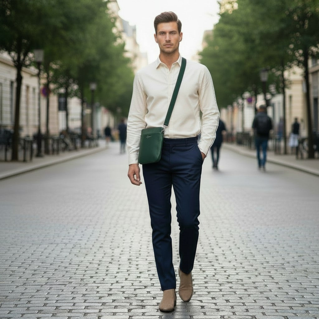 Luis Steven forest green pebble leather crossbody messenger bag worn by a man walking on a cobblestone street.